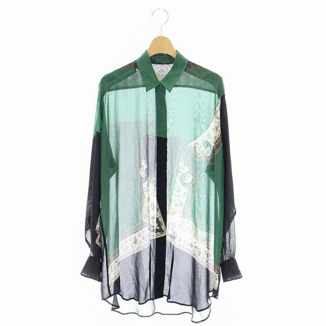 Dries Van Noten Butterfly Scarf Pattern Silk Long Shirt Sleeve Tunic Sheer S Gre