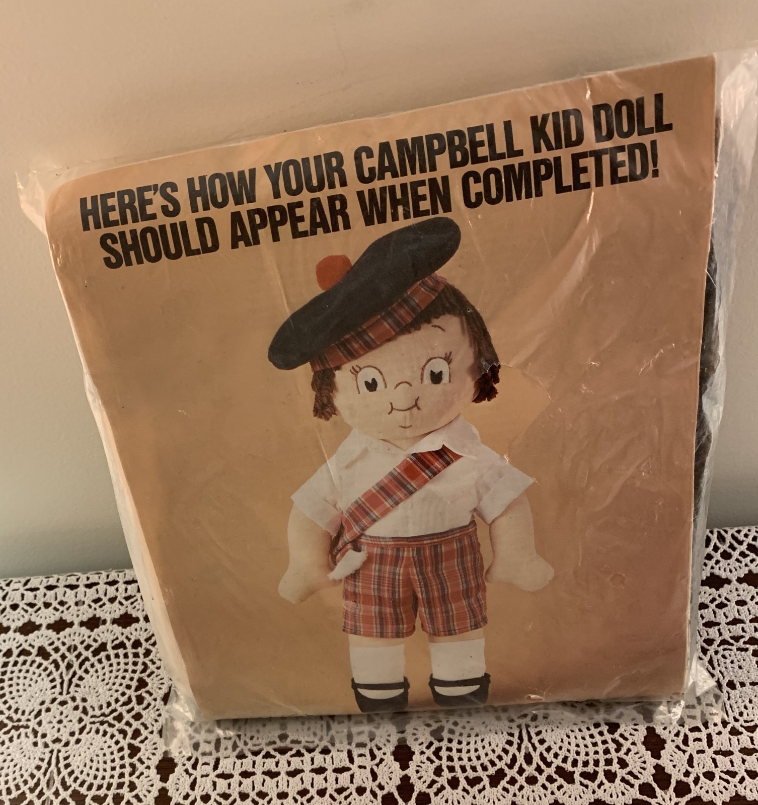 Vintage 1982 Campbells Kids Boy Stuffed Rag Doll Kit Beret Kilt Sash Brand New