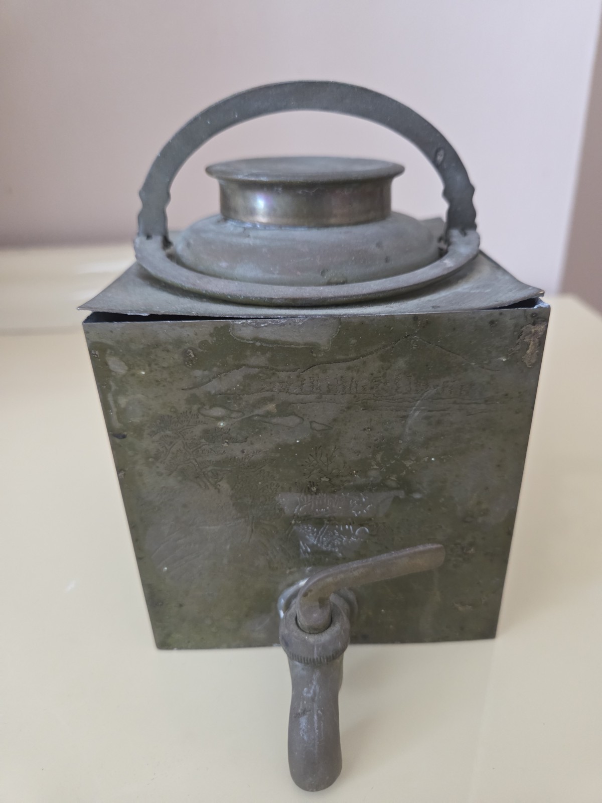 Antique Pewter Tea or Water Dispenser with Spigot – Asian Engraved Metal Vessel