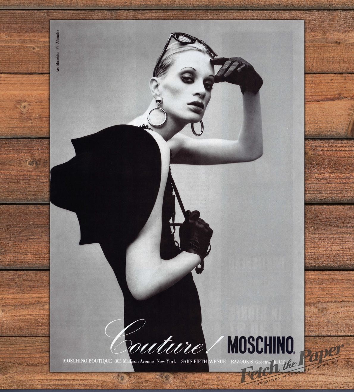 Moschino Couture Model in Black Dress Gloves Hoops Print Ad 1997 1990s
