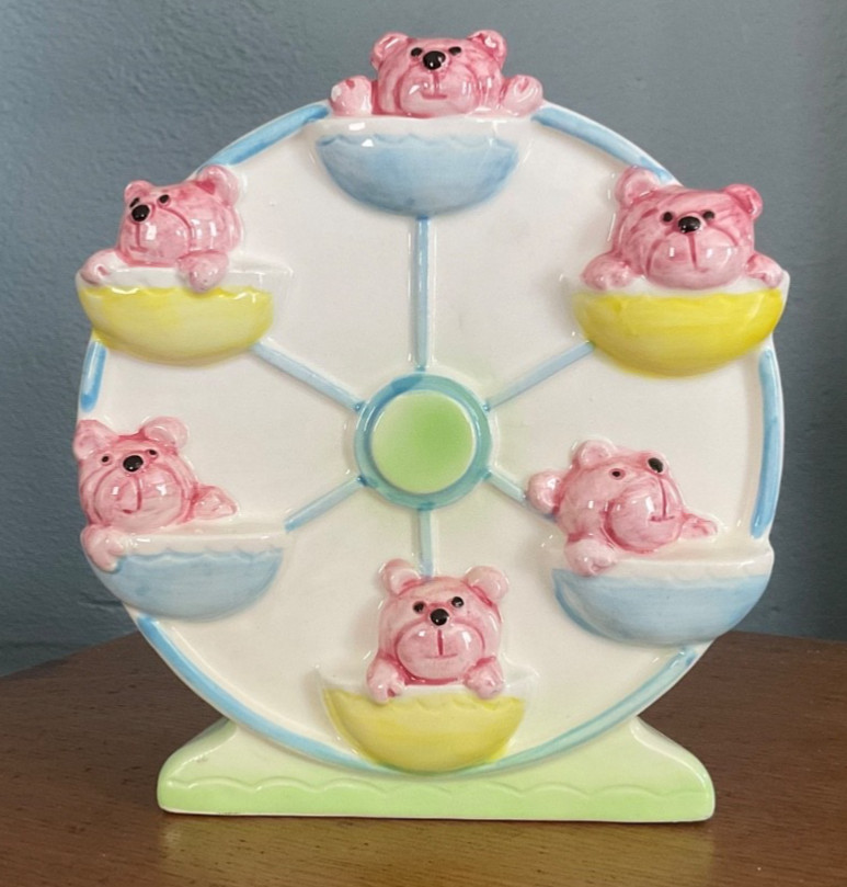 RARE VINTAGE RELPO #7069 TEDDY BEARS ON FERRIS WHEEL CERAMIC PLANTER