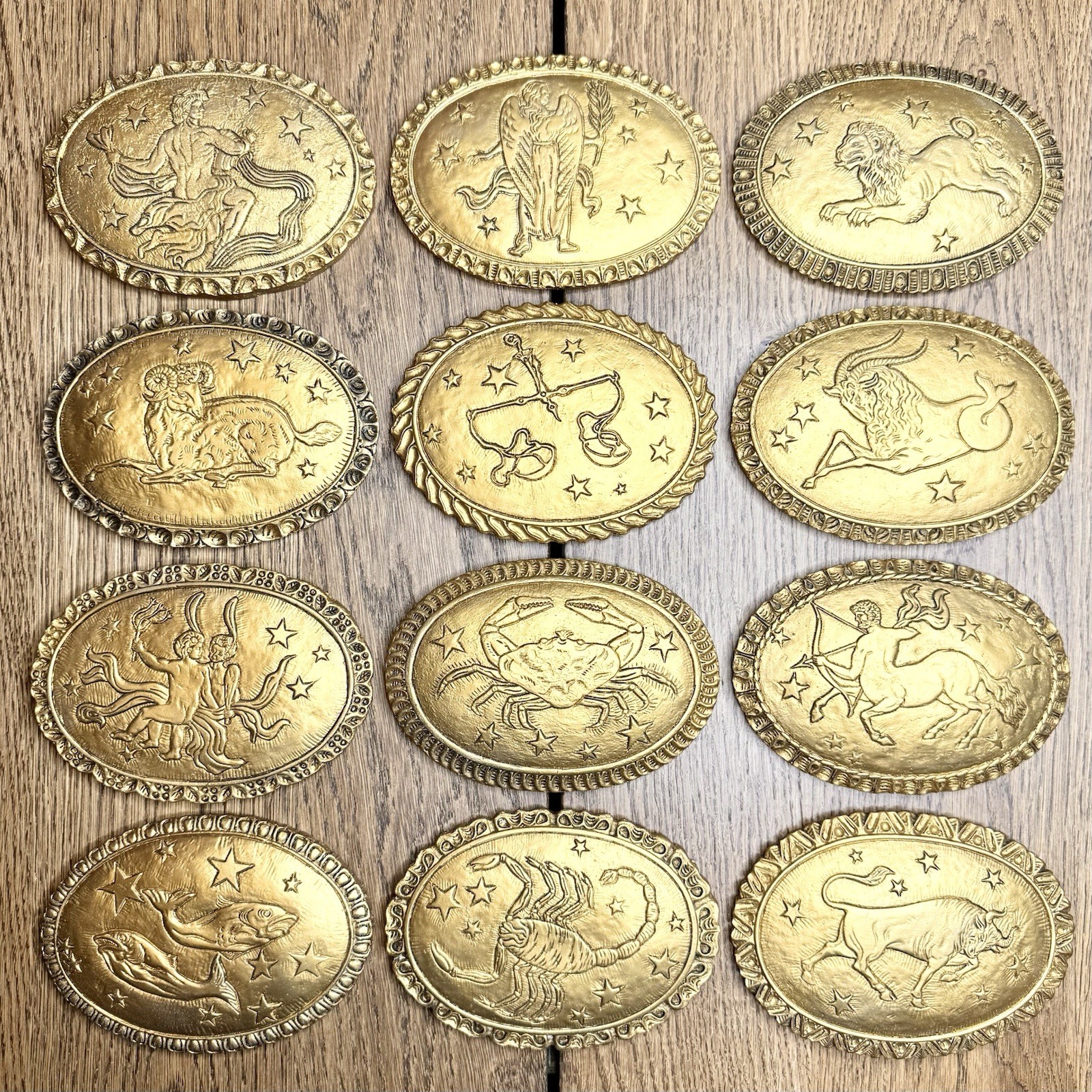 Vtg Gold Tone Zodiac Wall Plaques Complete Set 12 Oval Astrology Celestial 6\