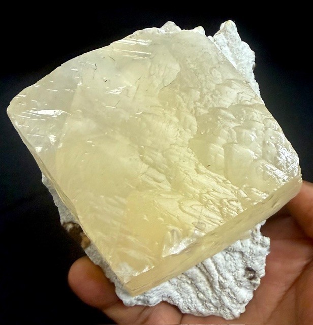 Calcite huge yellow crystal on Chalcedony base # 733