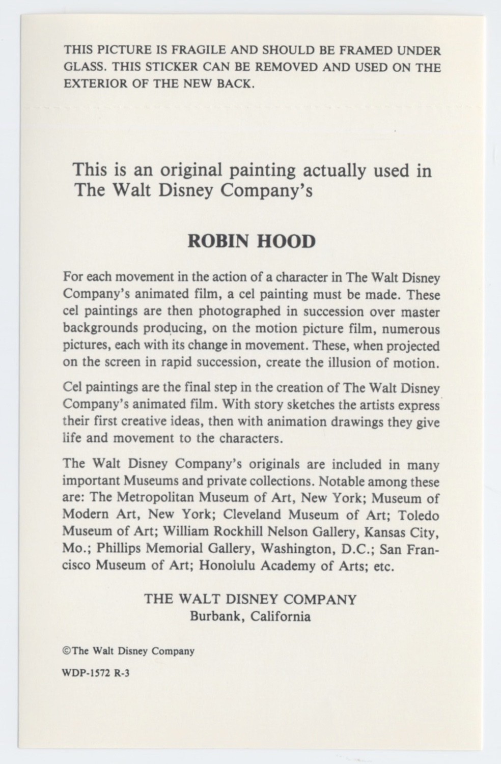 Disney ROBIN HOOD Animation Cel Label of Authenticity, 1980s-1990s