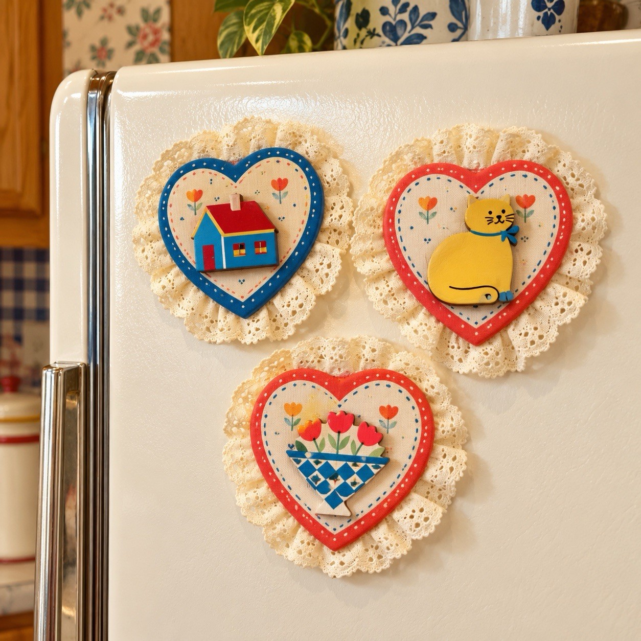 3 New Vintage Heart Refrigerator Magnet Russ Bertie Cat Cottage Lace 80s Country