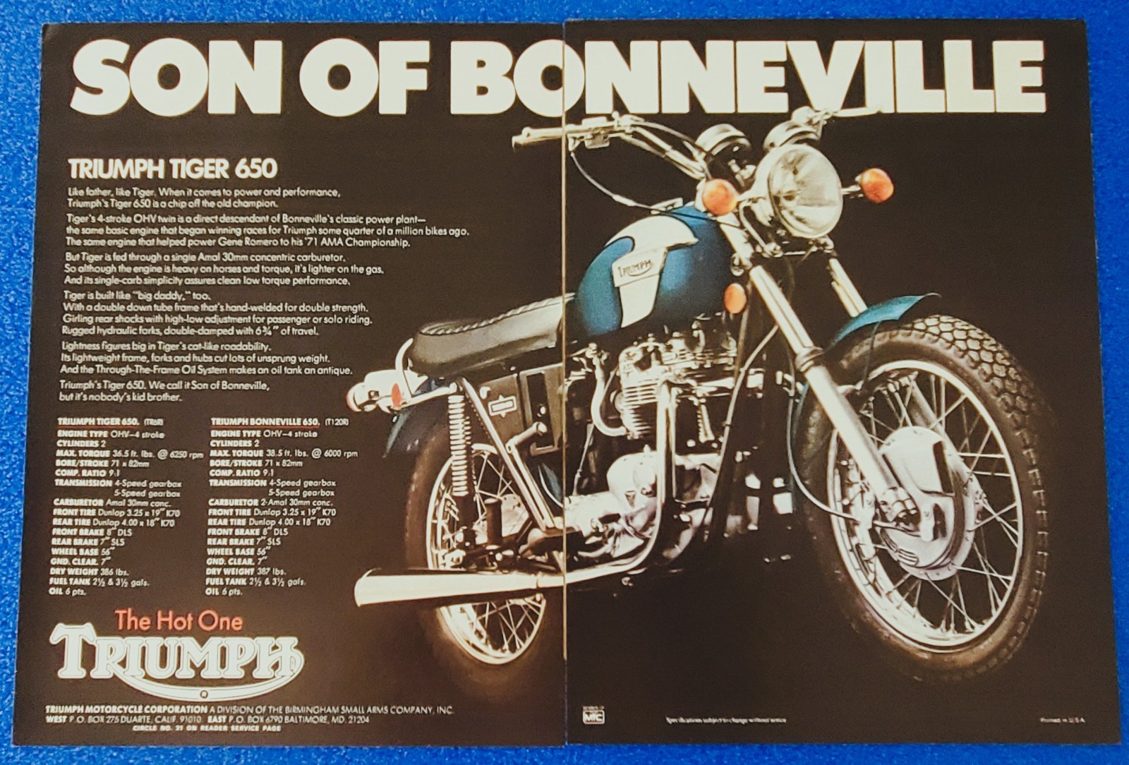 1971 Triumph TR6RV Tiger Ad 2 Page 650cc Twin Meriden Heritage Biker Cave Decor
