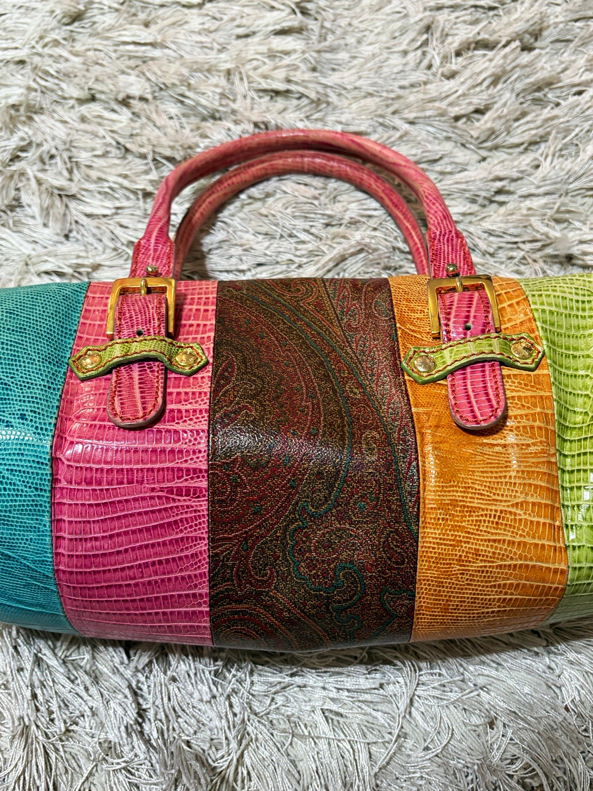Etro Multicolor Paisley Cylinder Satchel Top Handle Zip Gold Hardware Etro Multicolor Paisley Cylinder Satchel Top Handle Zip Gold Hardware