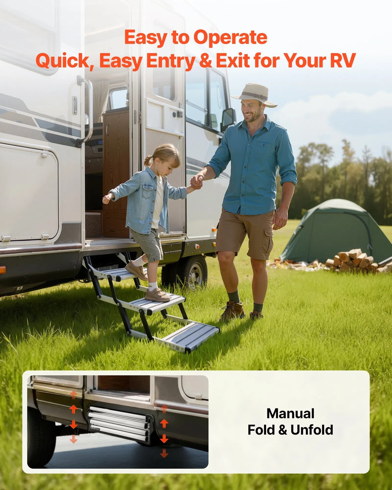 RV Steps, 3-Step, 440 lbs Load Capacity, Manual Retractable RV Stairs, Telescopi