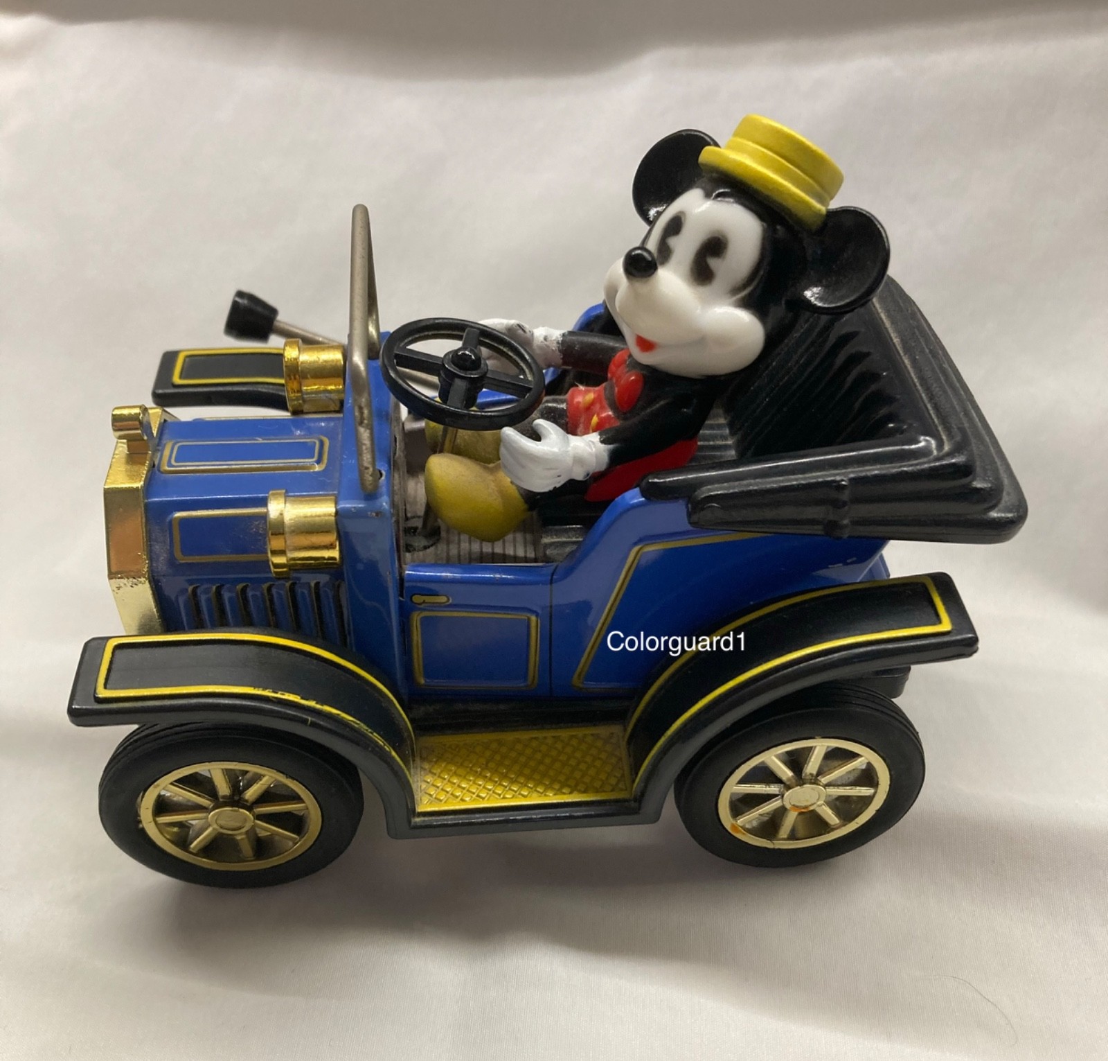Vintage Blue Walt Disney Mickey Mouse Pull Lever Car Masudaya Corp 1981