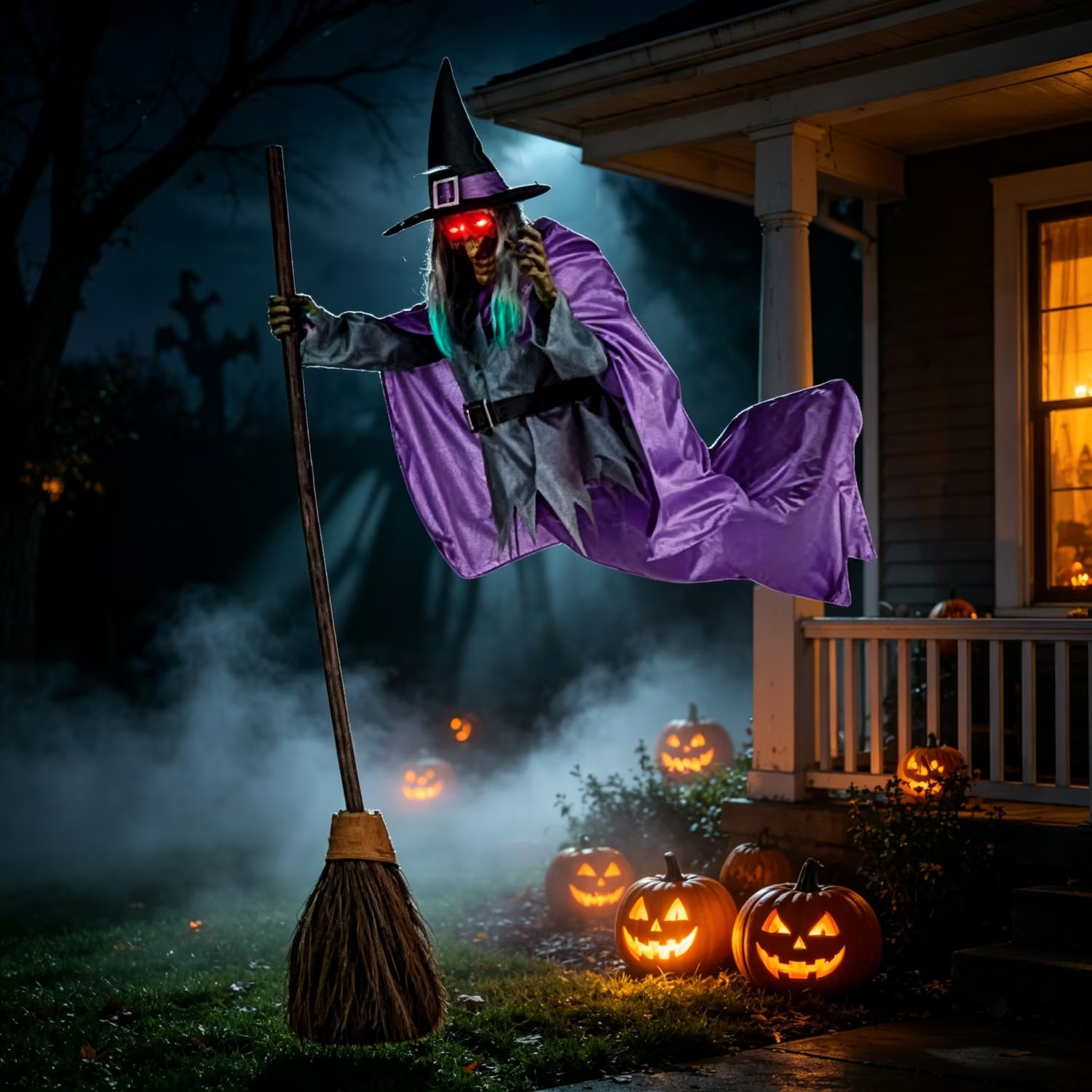 Flying Witch Animatronic 6 Ft Touch Activated Lit Eyes Sounds Halloween Decor