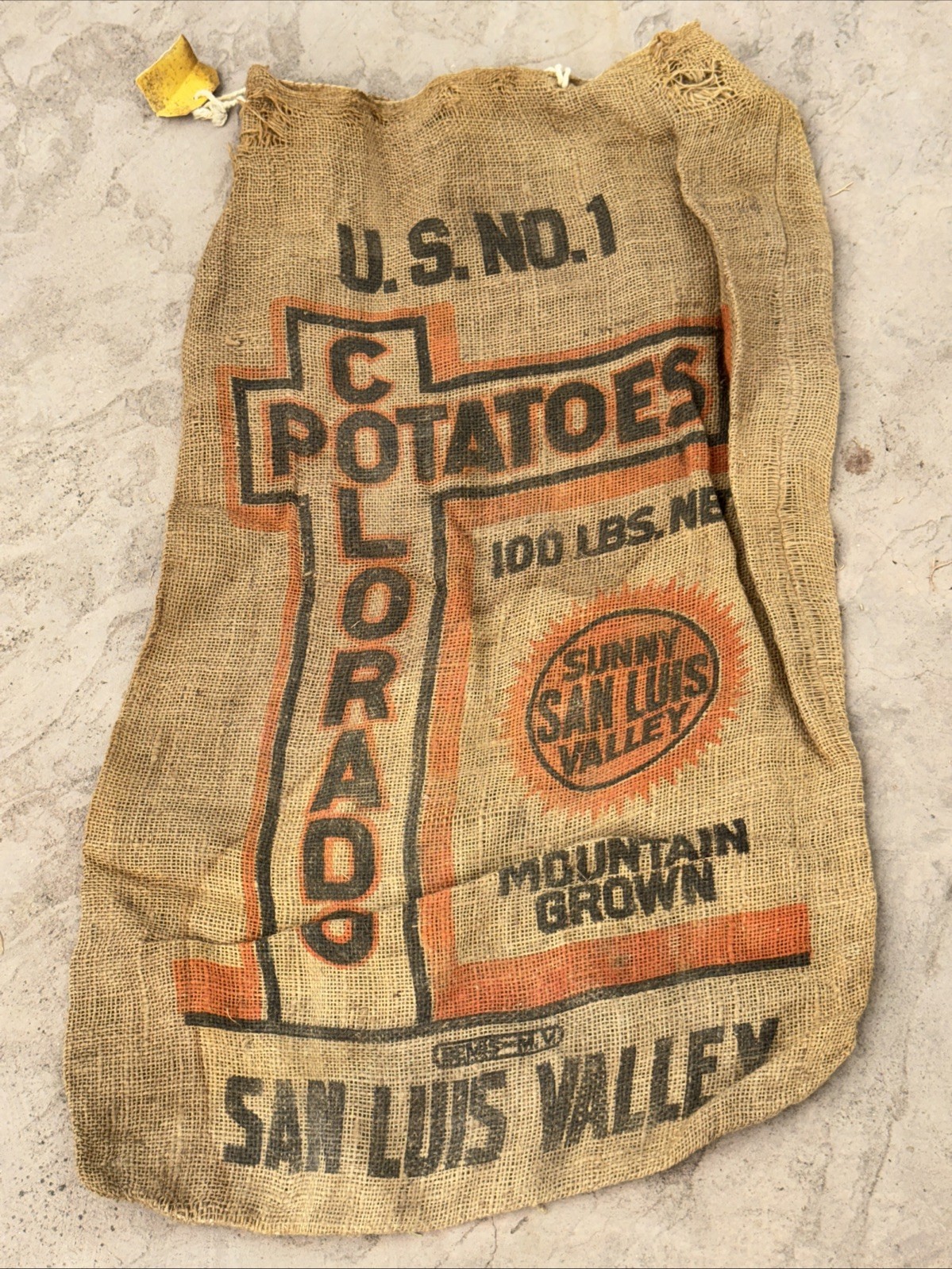 VTG Sunny San Luis Valley Colorado Potatoes Burlap Bag 100 lb Gunny Sack Antique