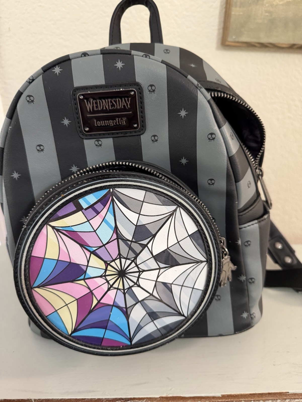 Loungefly Wednesday Mini Backpack Spiderweb Design Faux Leather Adjustable Stra…