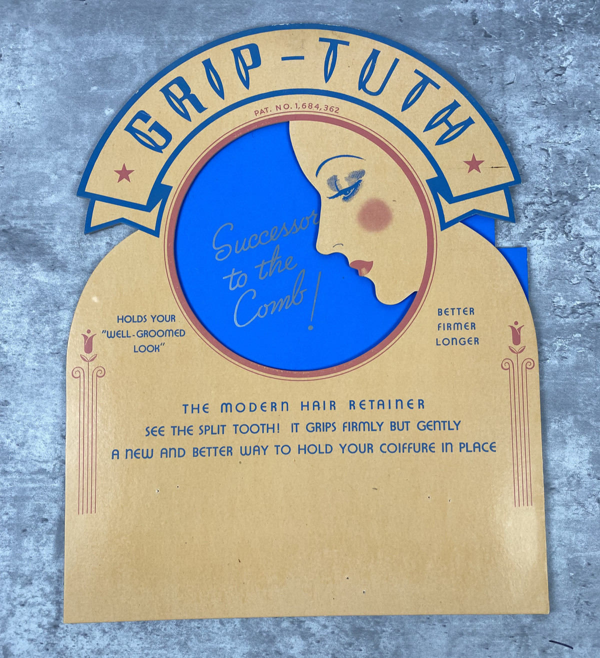 Antique 1920s Grip-Tuth Counter Display Die-Cut Litho Art Deco Flapper Diadem