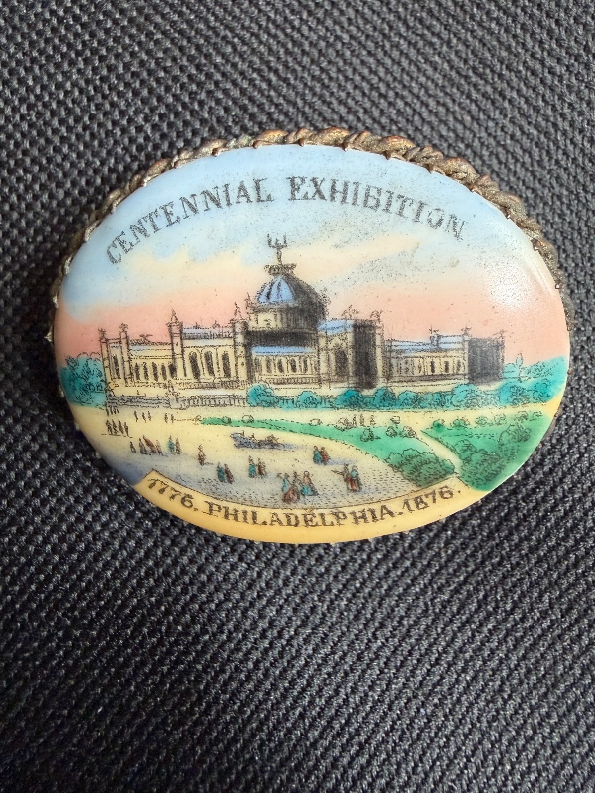 Rare 1876 Philadelphia Centennial Exhibition Porcelain Pin Brooch Memorial Hall
