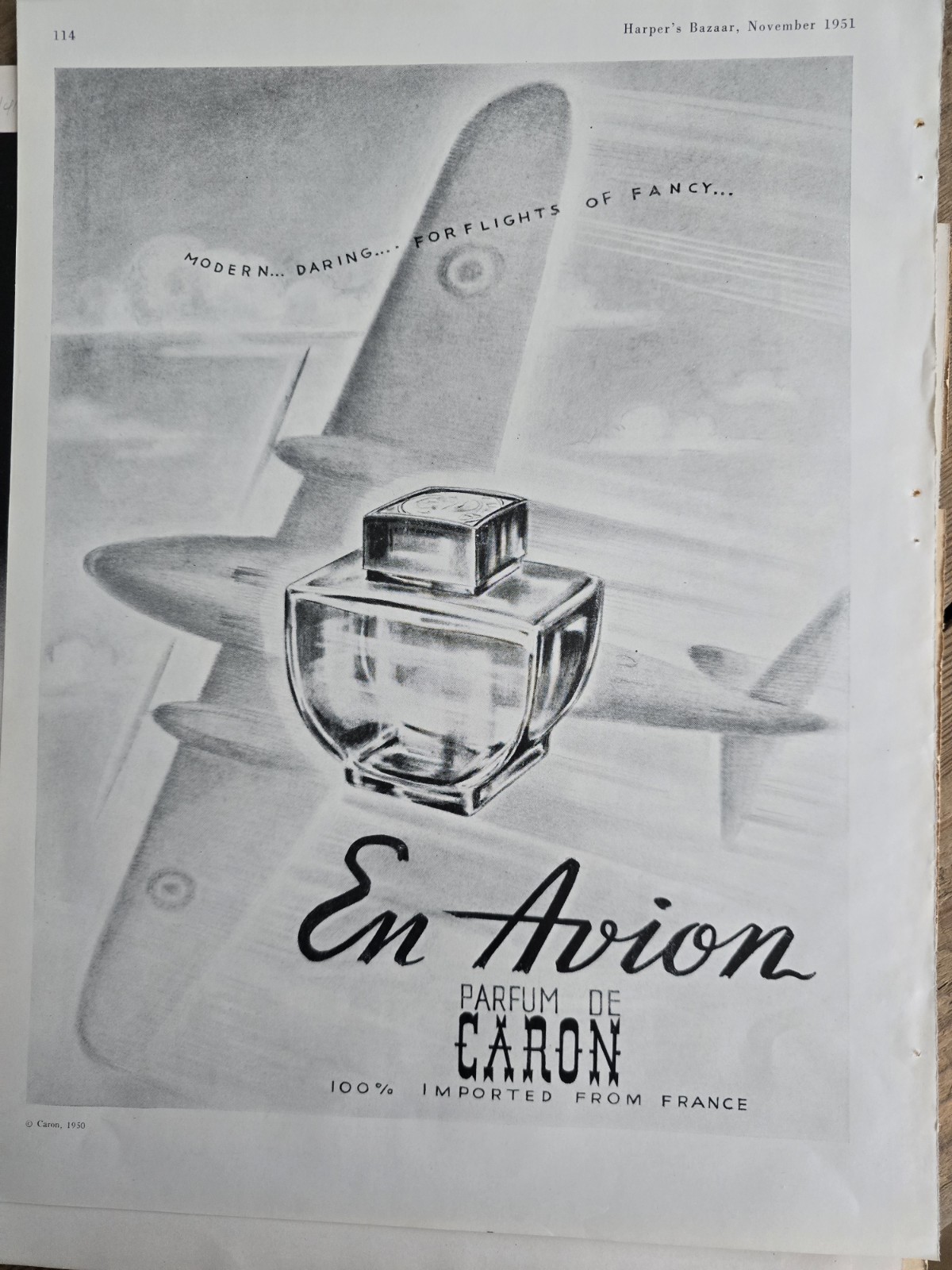 1951  Parfum De Caron En Avion Perfume bottle art Vintage ad 