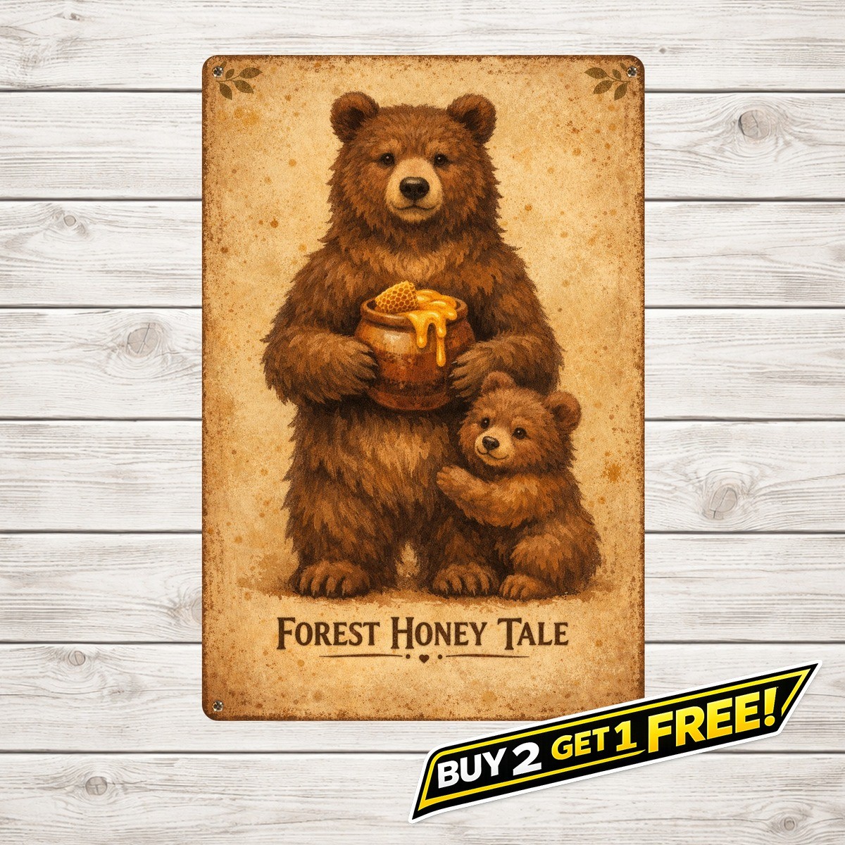 Cute Teddy Bear with Honey Vintage 8x12 Iron Metal Wall Sign Nursery Art