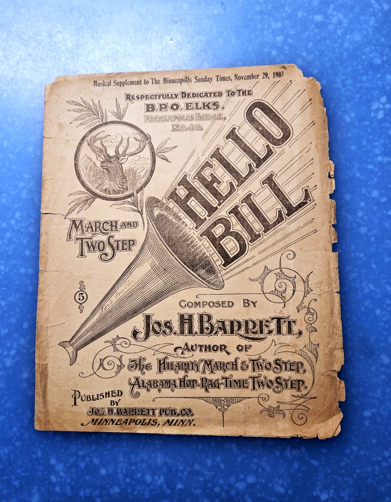 Hello Bill 1903 ELKS MARCH TWO STEP Sheet Music B.P.O.E. MInneapolis