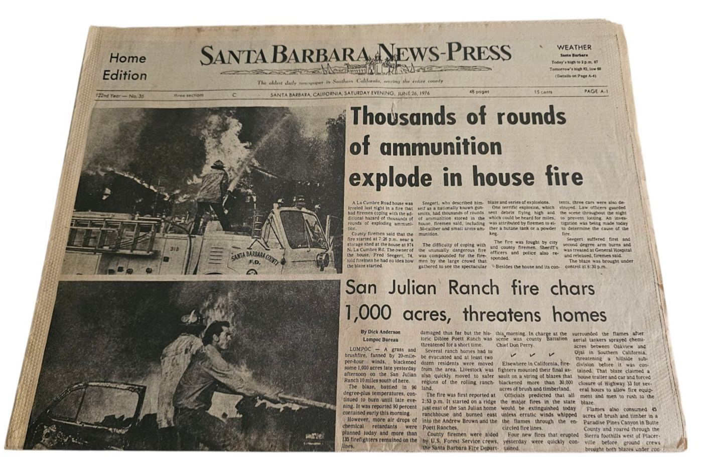 Ammunition Explodes House Santa Barbara Newspaper Ca June 26, 1976 Section A