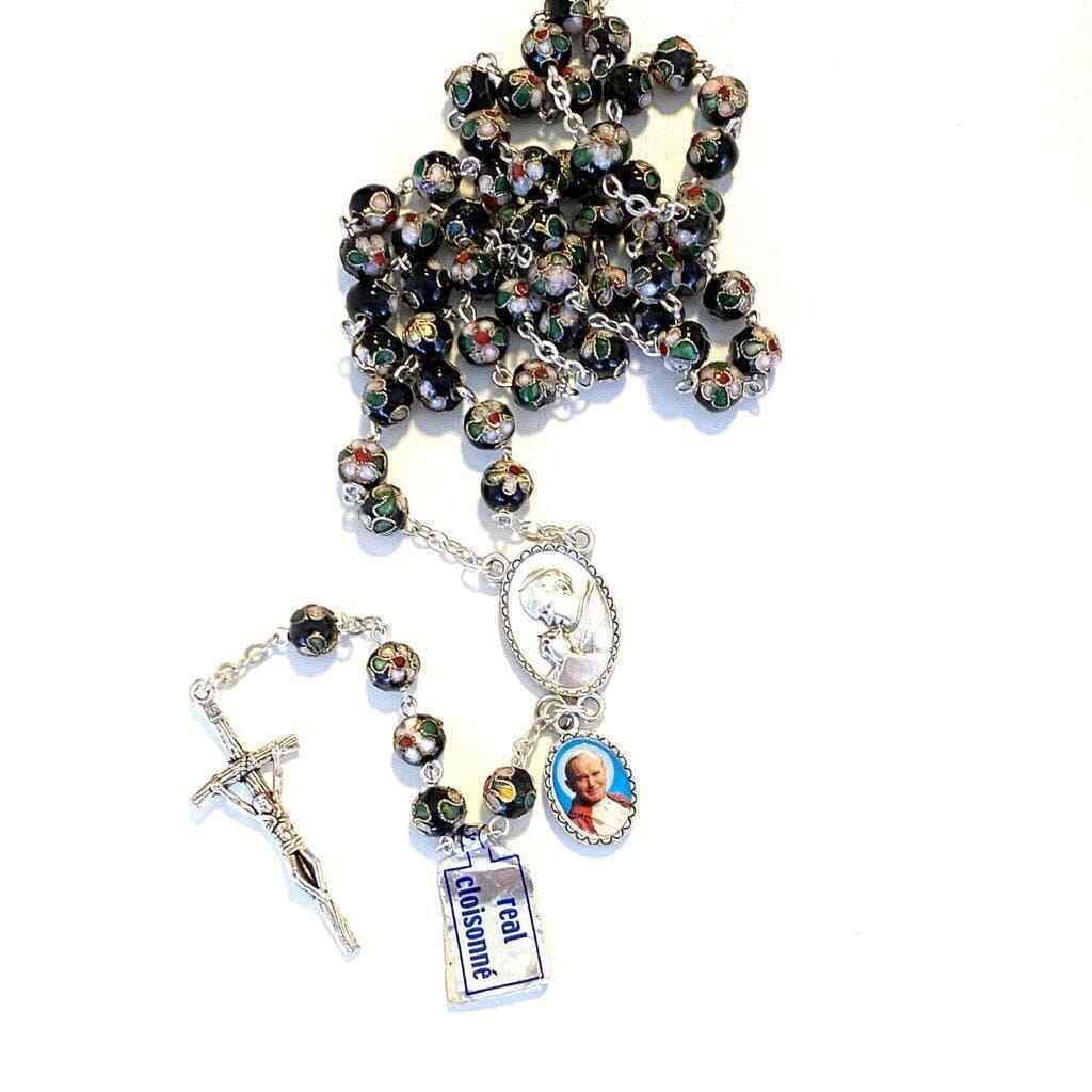Black Cloisonne Rosary -St. John Paul II -JPII w/ Relic Medal -Blessed