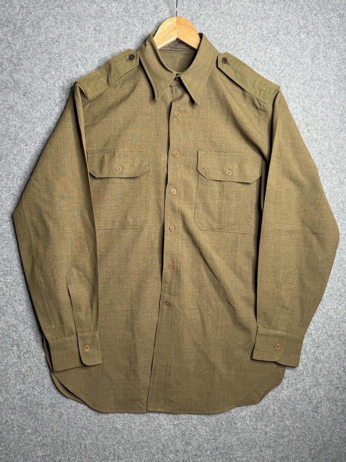 Vintage 40s WWII Wool Flannel Field Shirt Olive Drab Military Epaulets Large