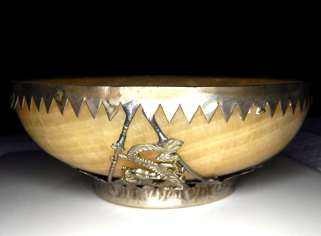 Fine Polished Yellow Lace Agate Bowl Silver Dragon & Phoenix Trinket Potpourri