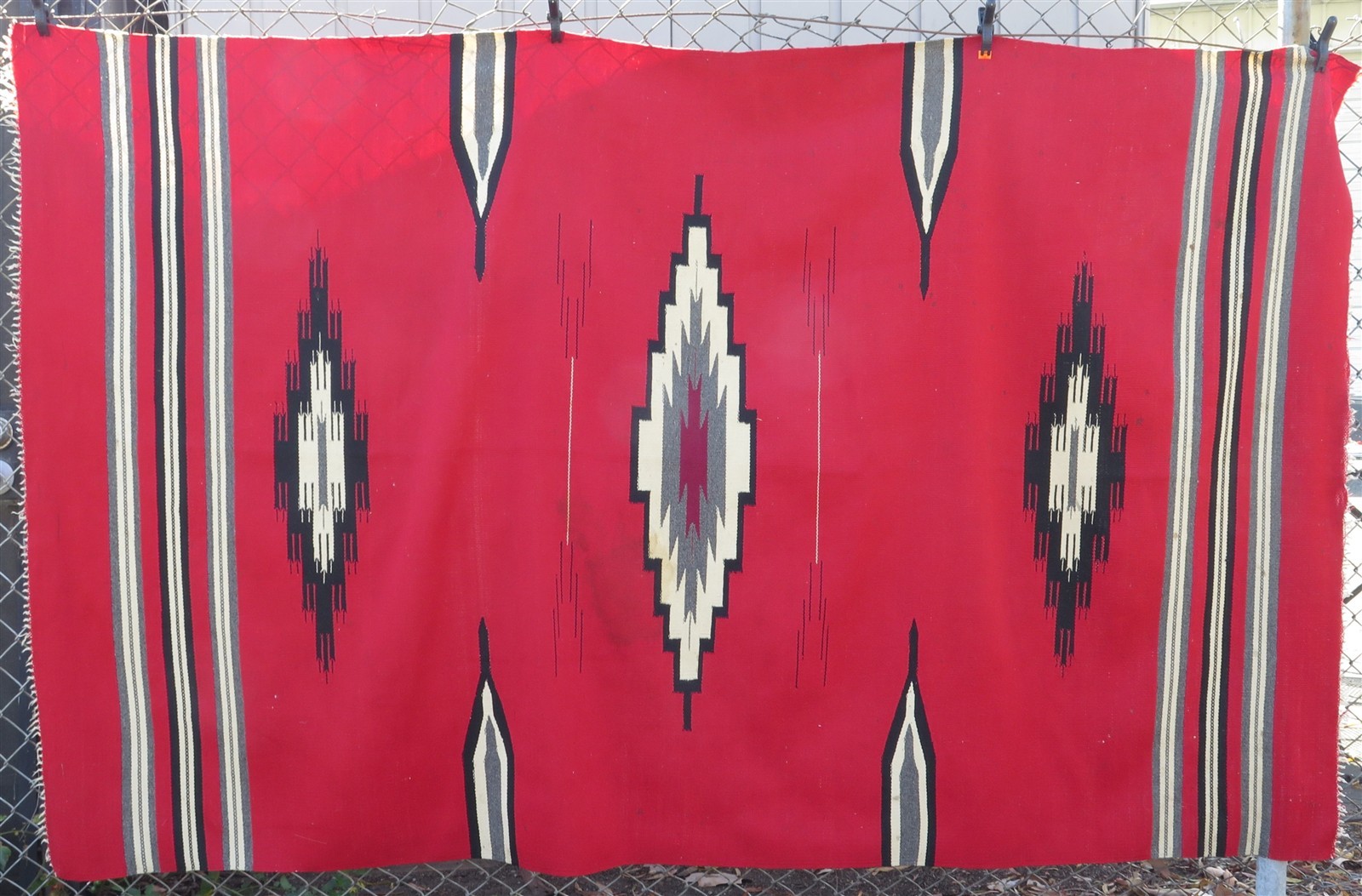 Vintage Hand Woven Large Chimayo Wool Blanket in Red, White & Black 86