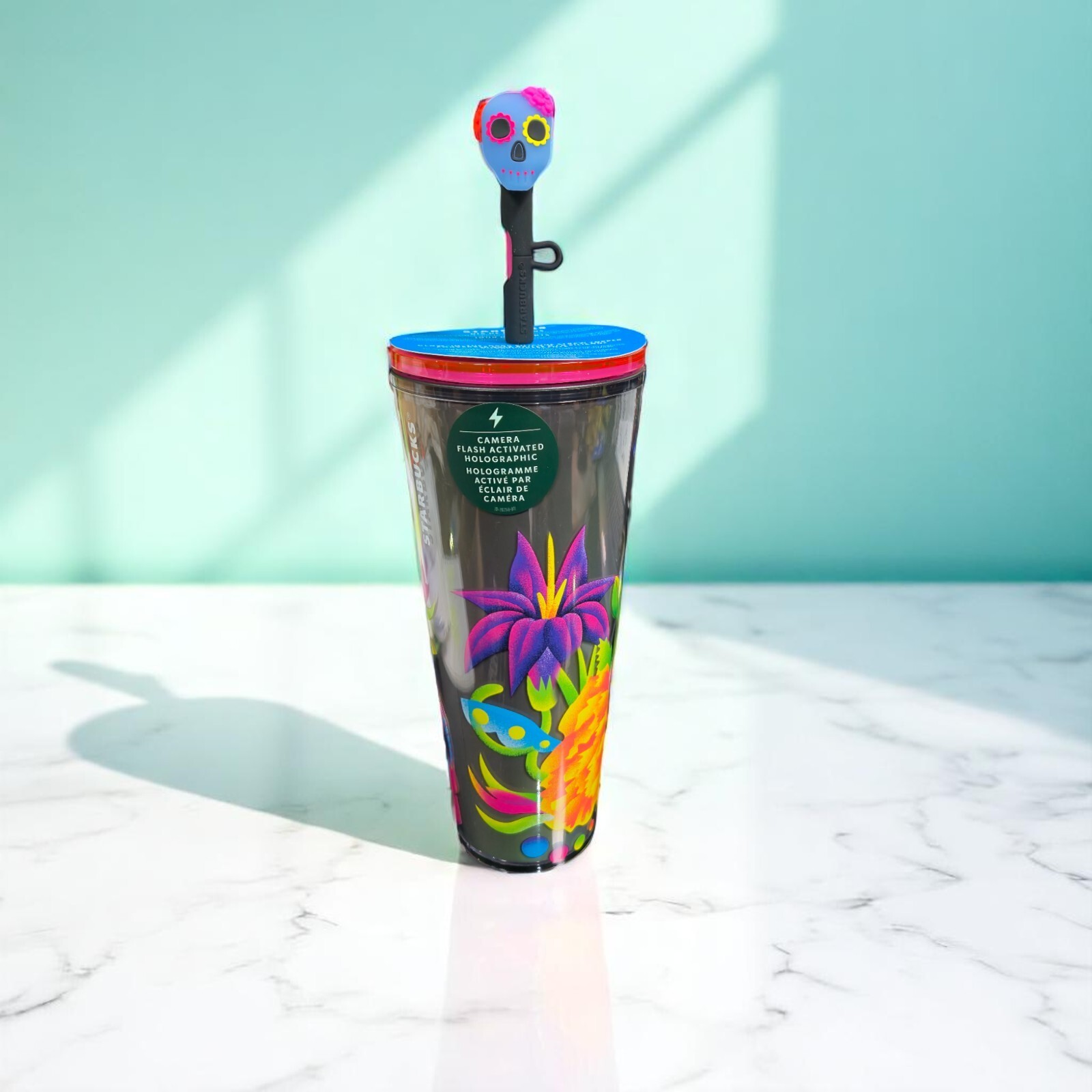 Starbucks Holographic 24oz Tumbler with Glow Dark Straw top NEW Limited Edition