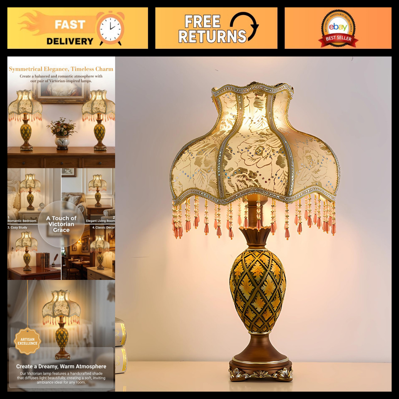 Vintage Victorian Table Lamp - European Lace Shade, Beaded Fringe, Antique Bronz