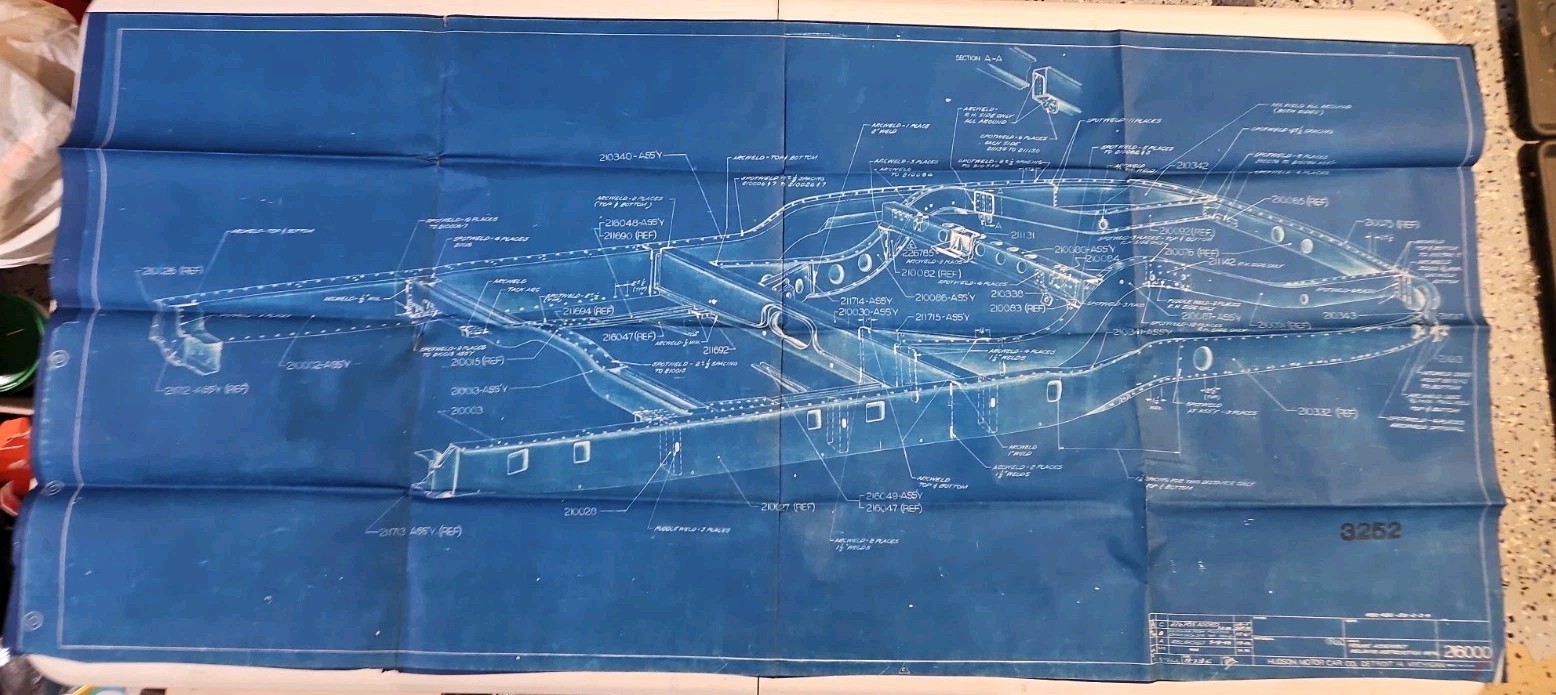 Vintage 1948 Hudson Motor Car Frame Blueprint Step Down Hornet 1950 Stamp