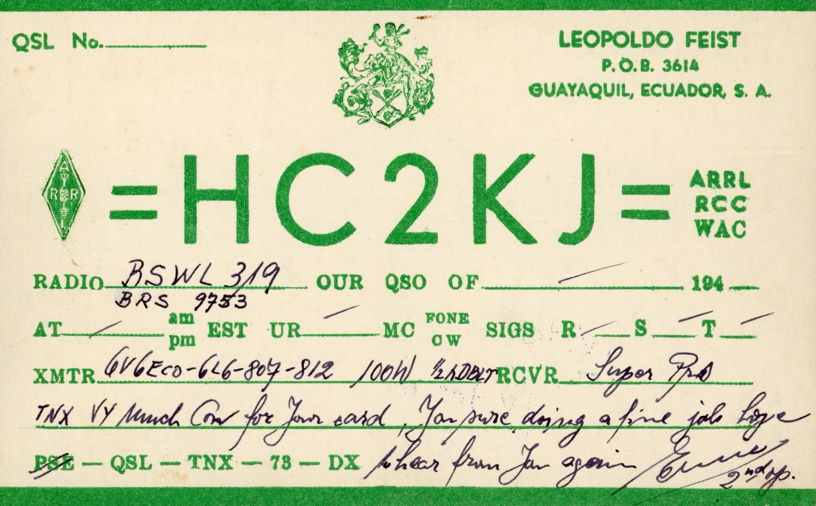 Vintage Amateur Radio QSL Postcard, 1940\'s, HC2KJ, Guayaquil, Ecuador