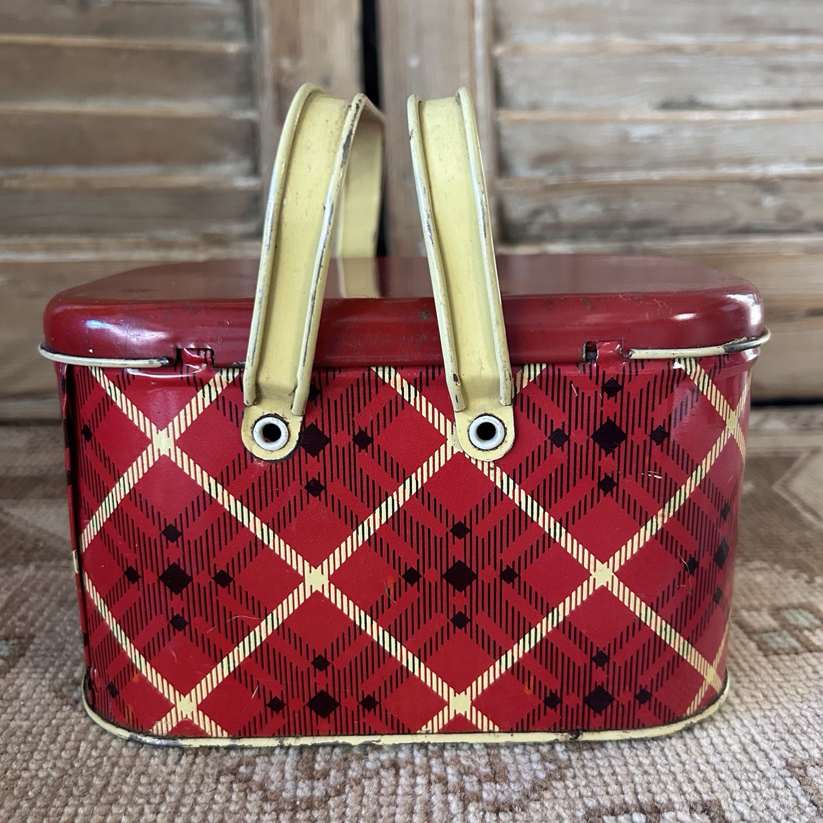 Vintage Small Metal Picnic Basket Tin Red Tartan Plaid Lunch Box Double Handle