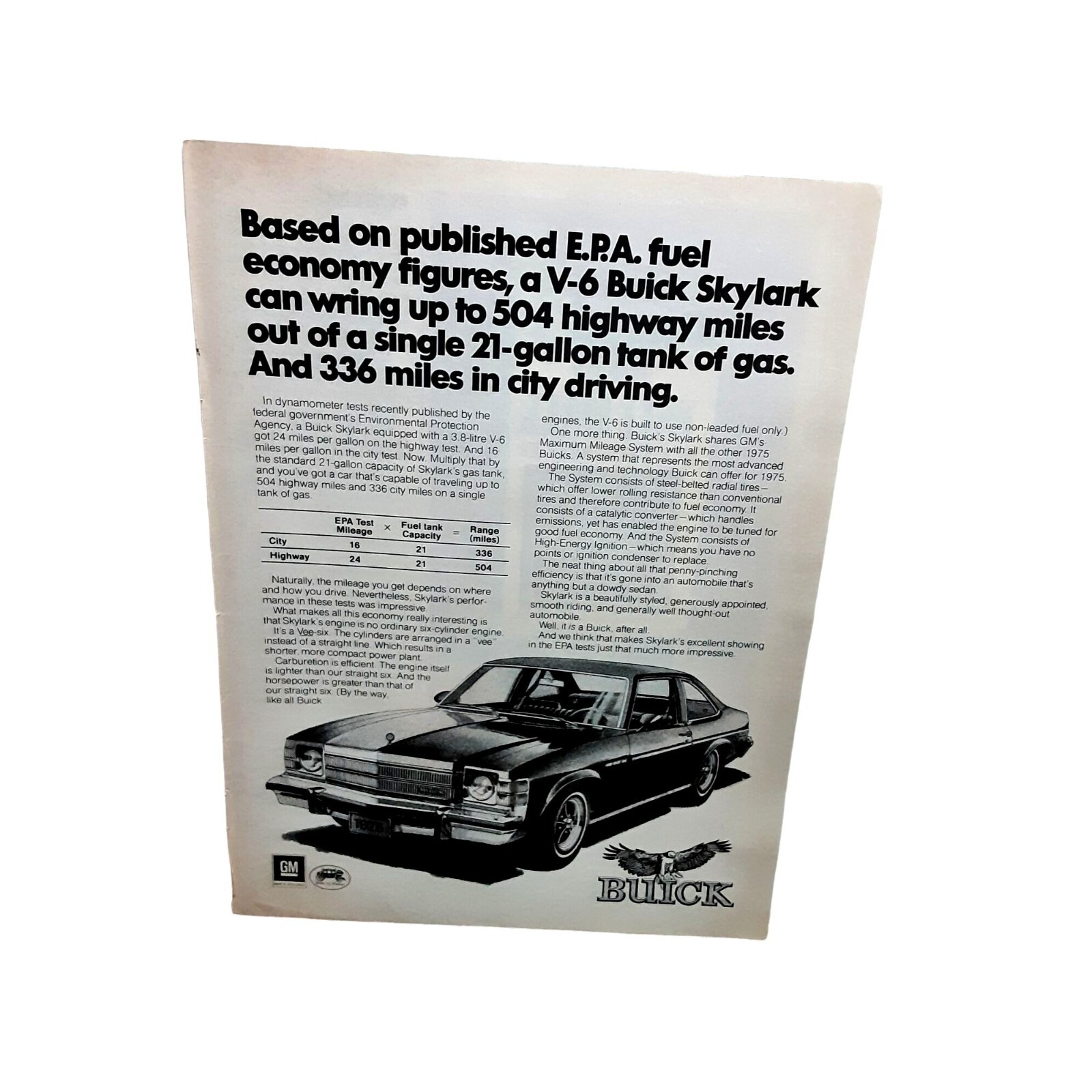 1974 1975 Buick Skylark V-6 Car Original Print ad 70s
