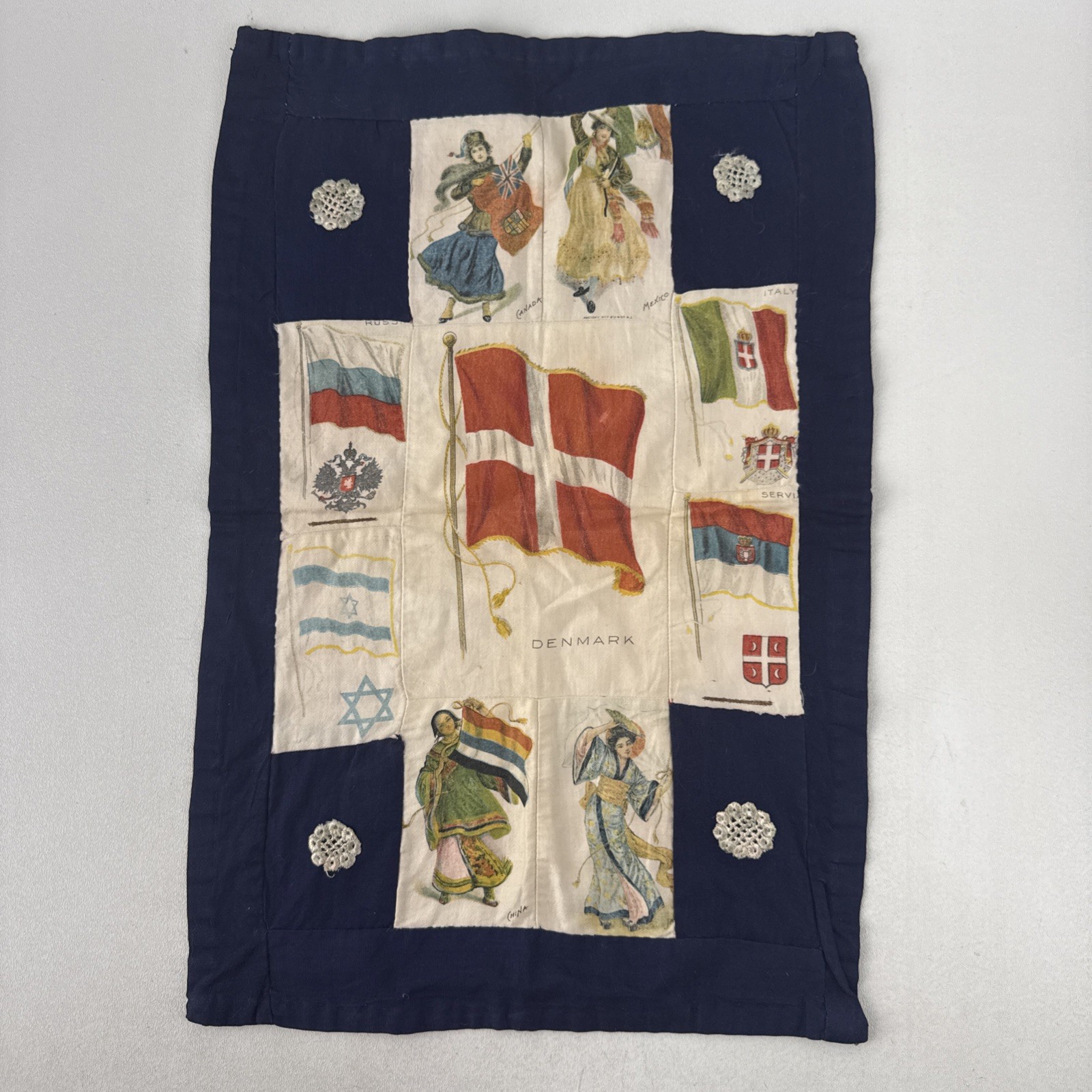 Antique c1910s Zira NEBO Cigarette Silk Quilt Flags Women Folk Art 13x19