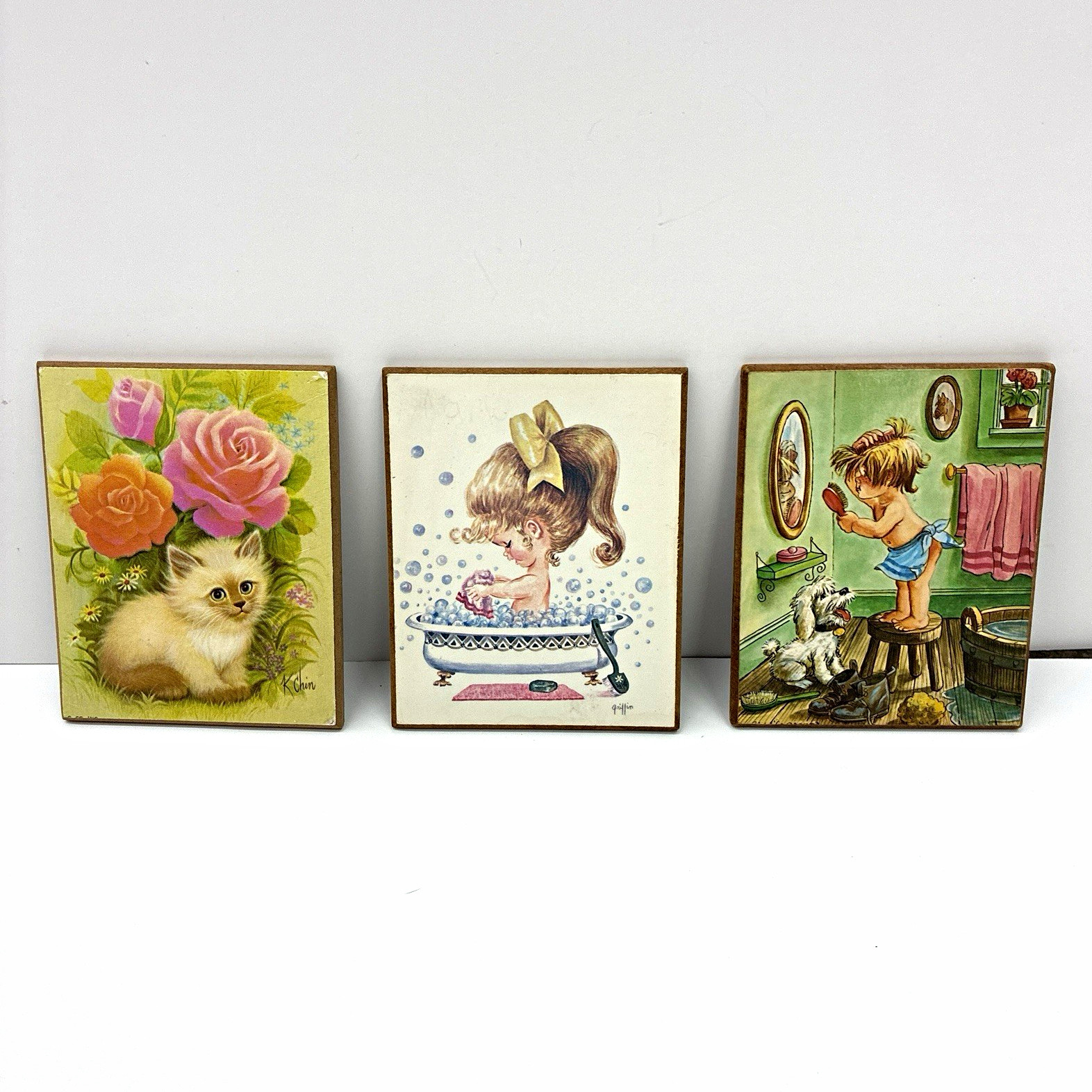 Vintage 60s Kitsch Bathroom Nursery 3 Big Eye Art Griffin Chin Boy Girl Kitten
