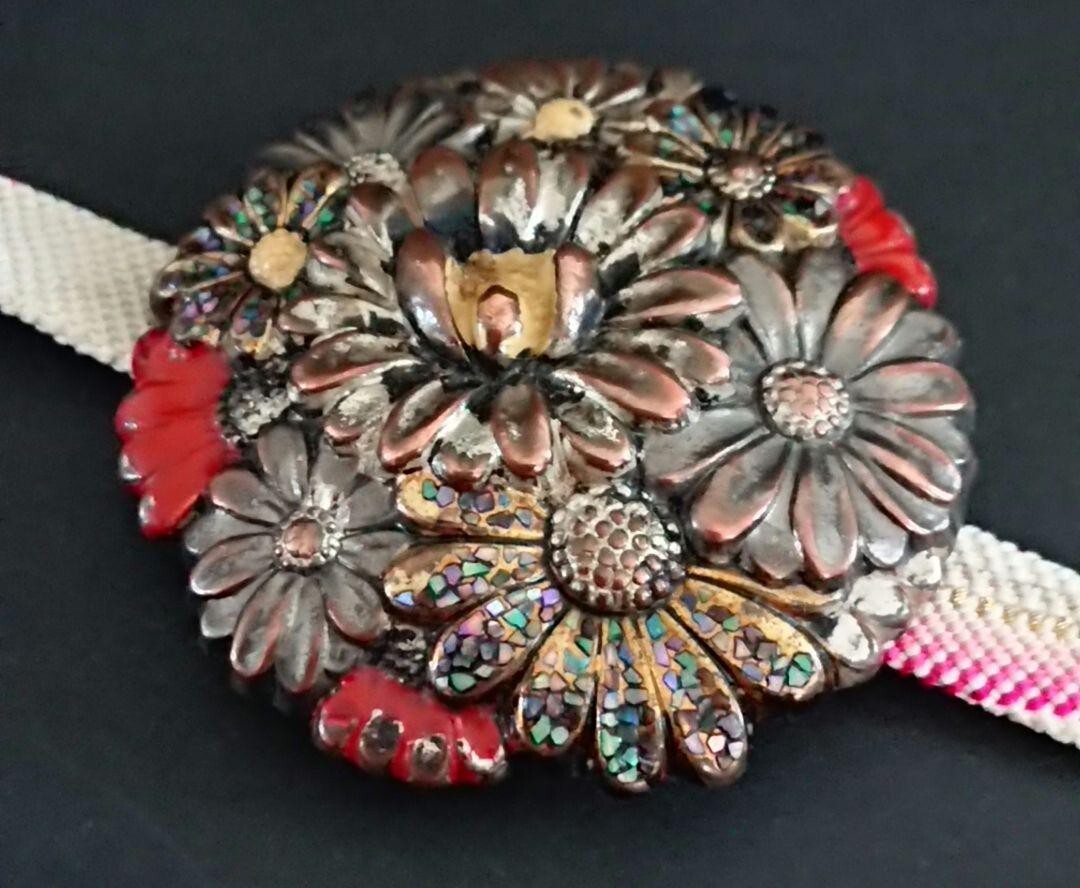 Antique Japan Metal Obidome Brooch Chrysanthemum Design Taisho Era Raden Inlay