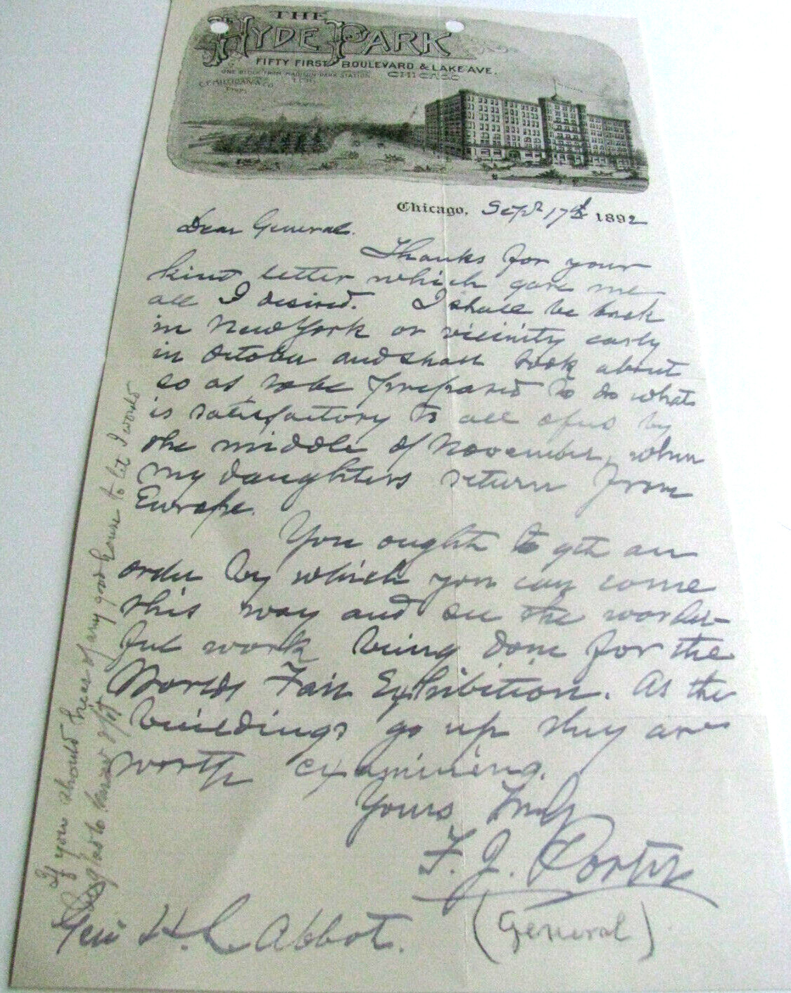 CIVIL WAR GENERAL FIT-ZJOHN PORTER LETTER TO GENERAL HENRY ABBOTT 1892
