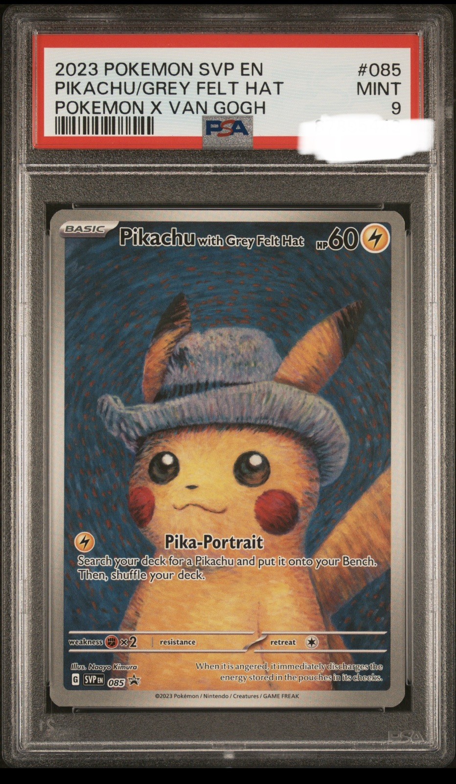 Pokemon Card Pikachu with a Grey Felt Hat #085 Van Gogh Museum PSA 9 Mint