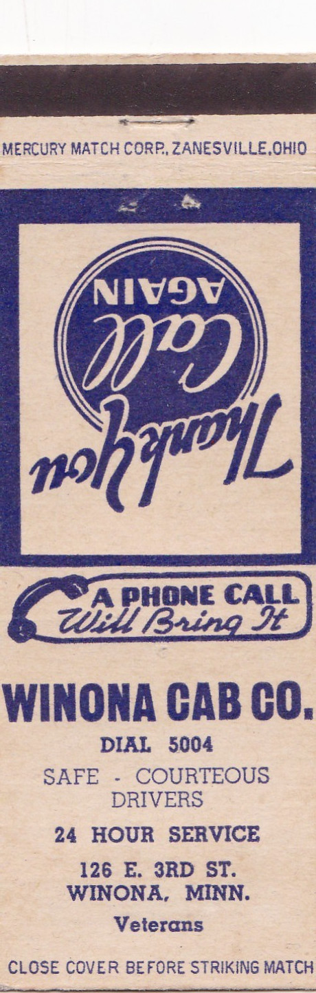 Winona Cab Company Winona Minnesota Matchbook 1940's