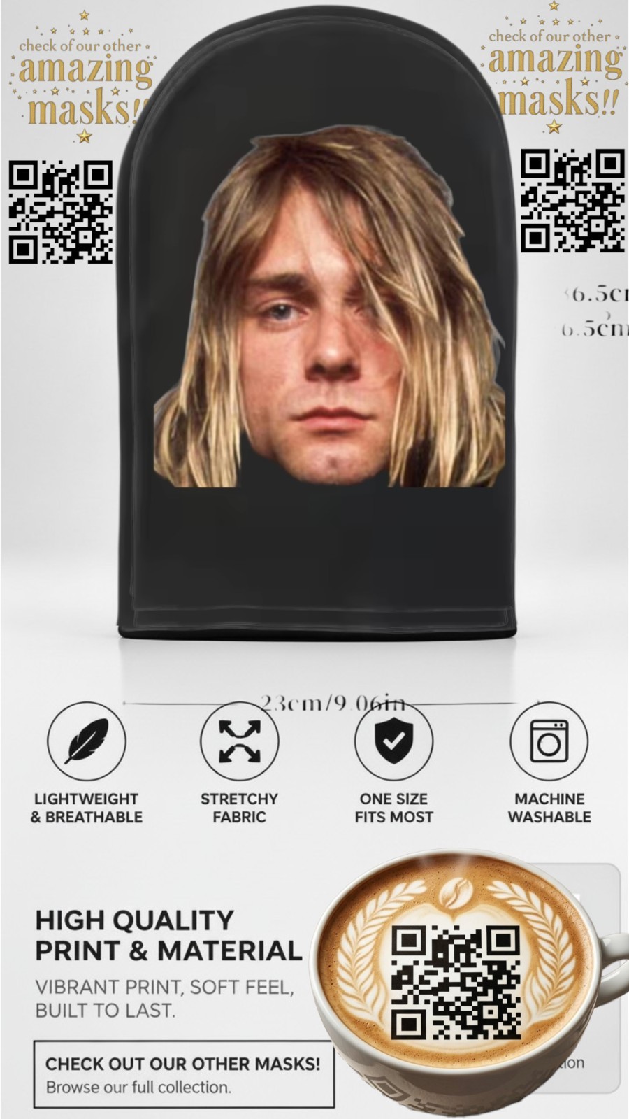 Kurt Cobain Mesh Mask Breathable Seattle See-thru Face Halloween Nirvana Cosplay