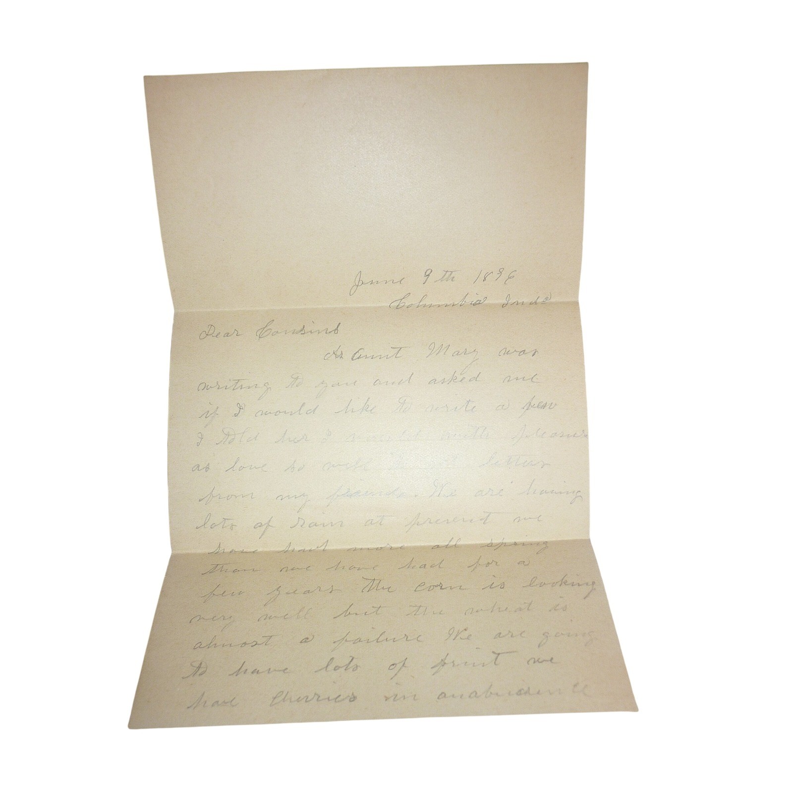 1896 Antique Indiana Farm Letter Columbia IN Agriculture Wheat Failure Butter 1896 Antique Indiana Farm Letter Columbia IN Agriculture Wheat Failure Butter