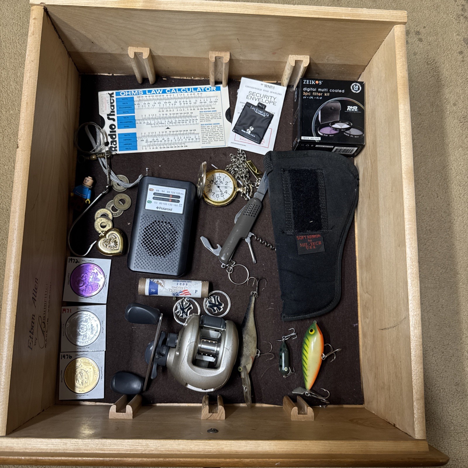 Vintage Junk Drawer Coins Watches jewelry Fishing Reel Fishing Lure Knife tokens