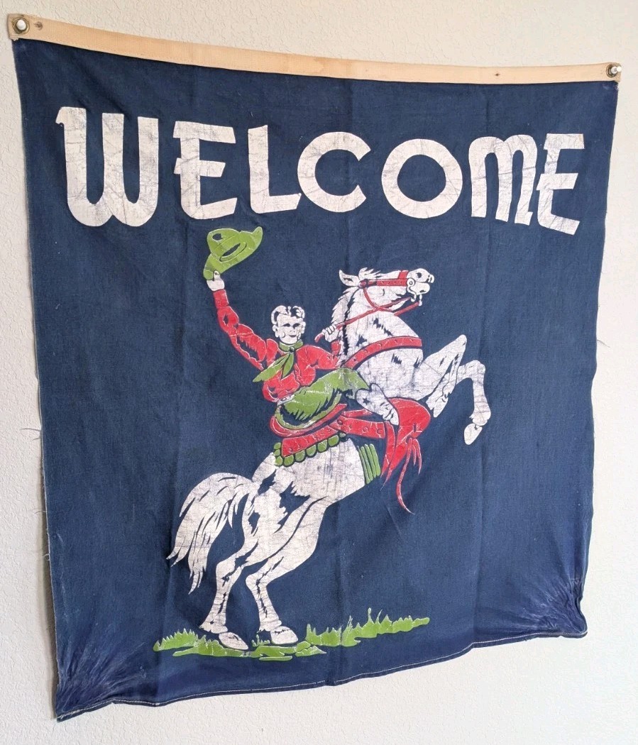 Vintage 1940\'s Cowboy Rodeo Welcome Banner Flag Western Ranch Blue Wall Art 33\