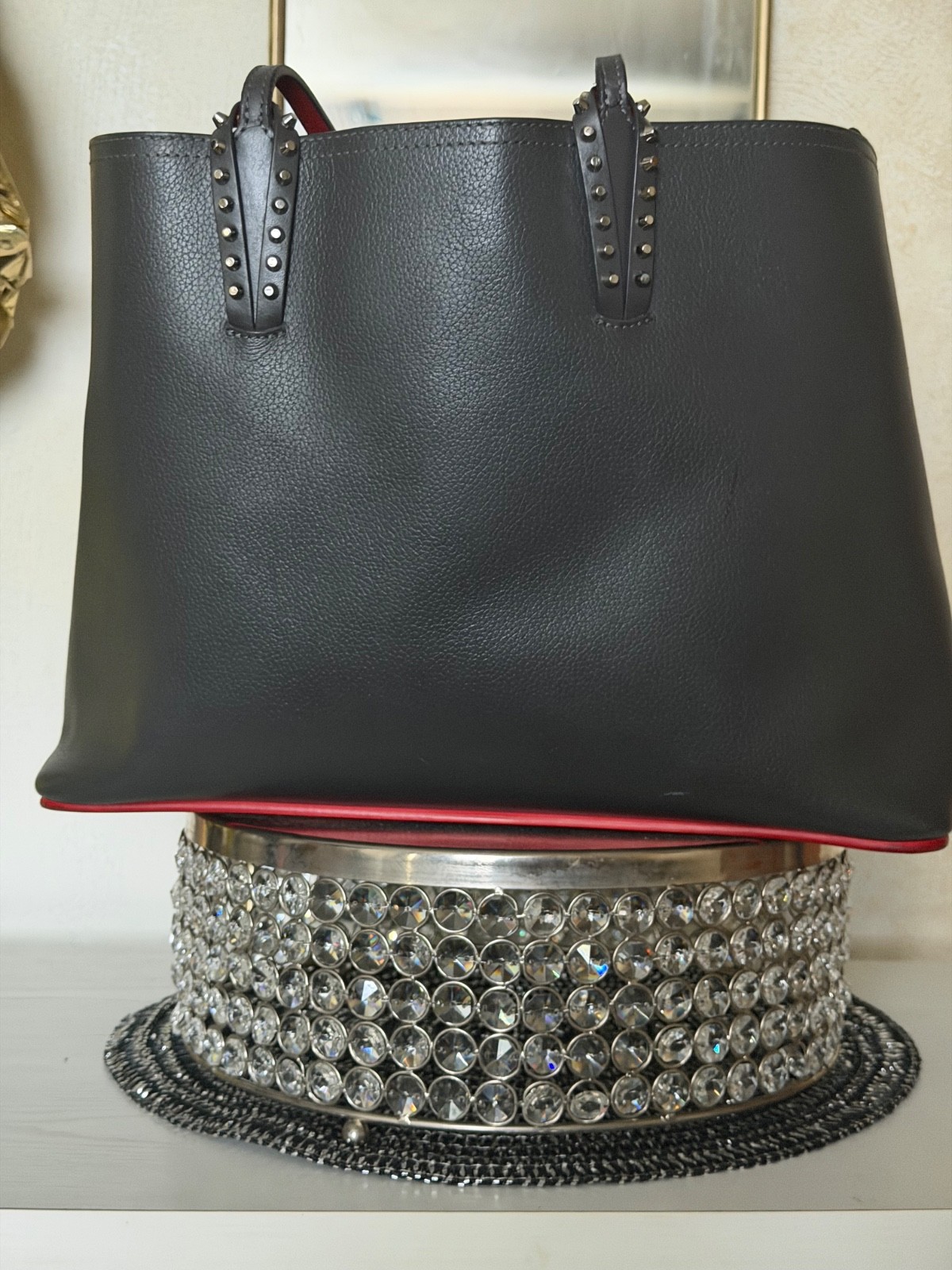 Christian Louboutin 3205218 CM53 Cabata Tote Leather Black Red Handbag