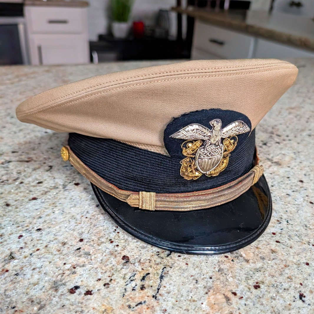 Bancroft US Navy Officer Service Dress Visor Cap Tan Black Band  Eagle.  