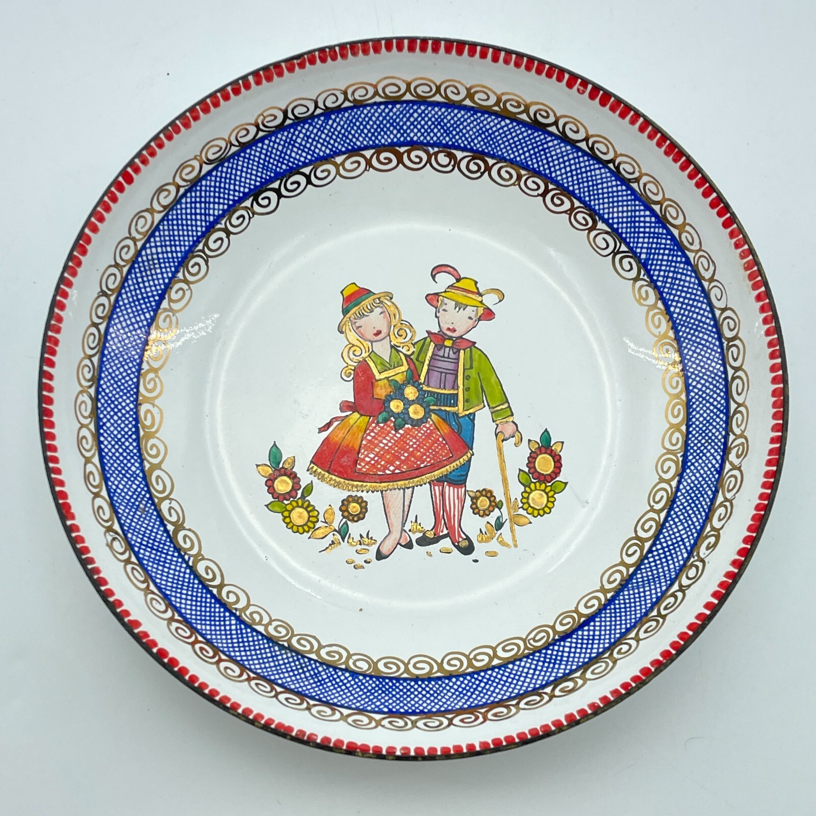 Vintage Austria Enamel Trinket Dish Folk Art Couple Handmade Metal Bowl 4.25in