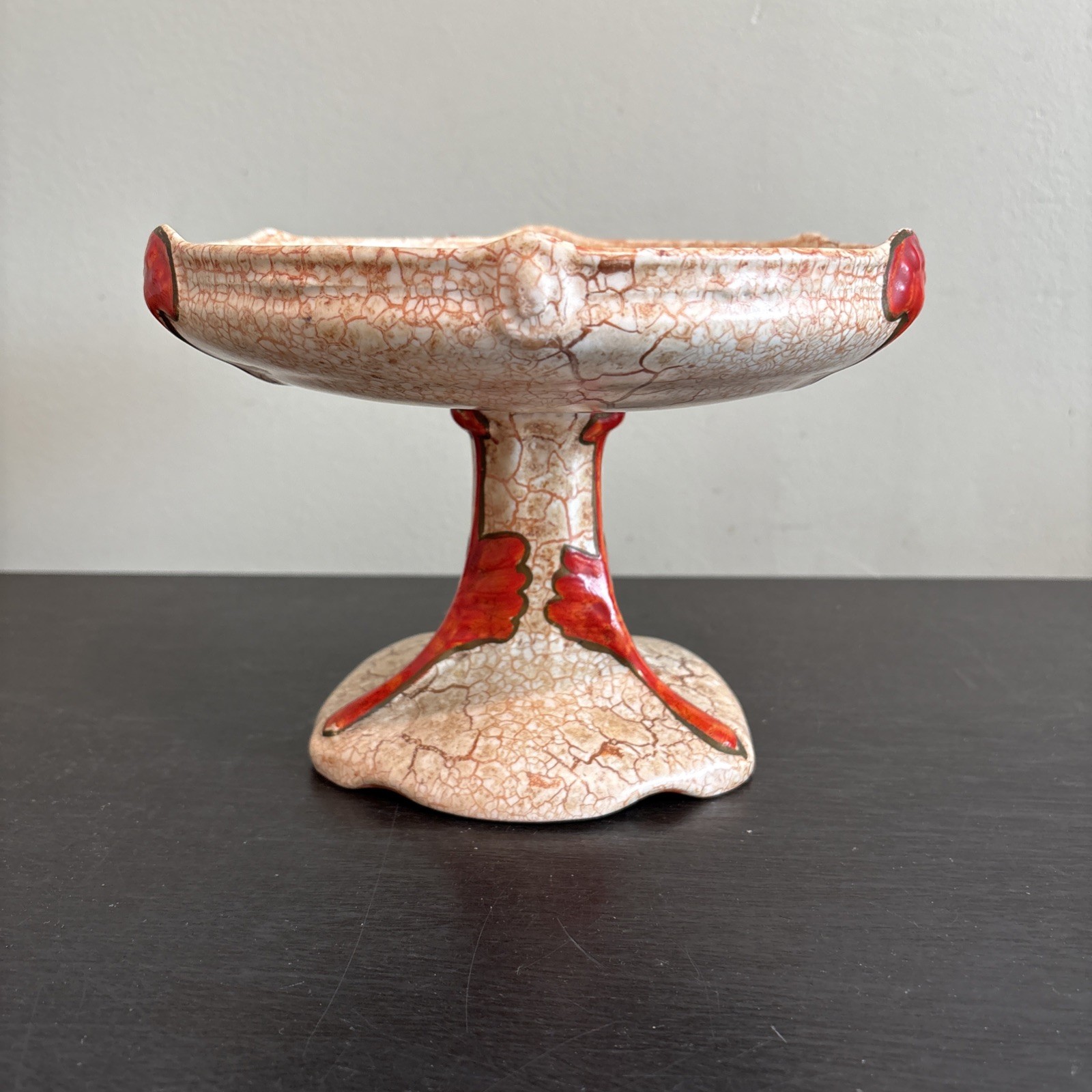 Art Deco Ditmar Urbach Crackle Alienware Bowl Ceramic Bright Orange/red & Beige