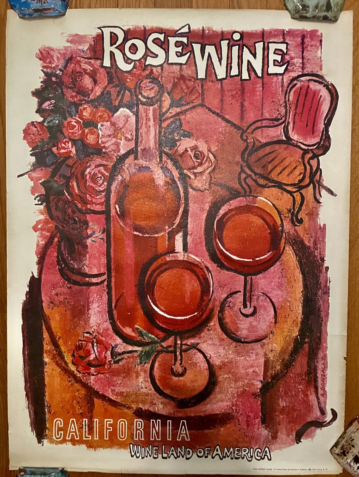 1960’s Original Vintage Rose Wine California Travel Poster by Amado Gonzalez