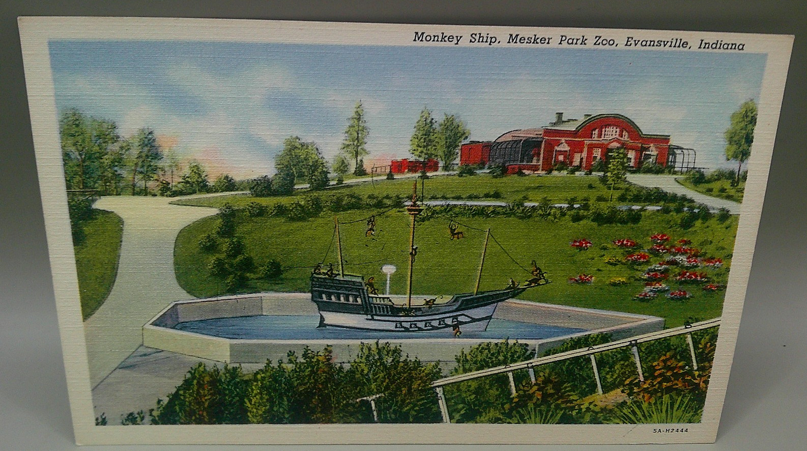 Evansville IN Mesker Park Zoo Monkey Ship Linen Postcard Vintage