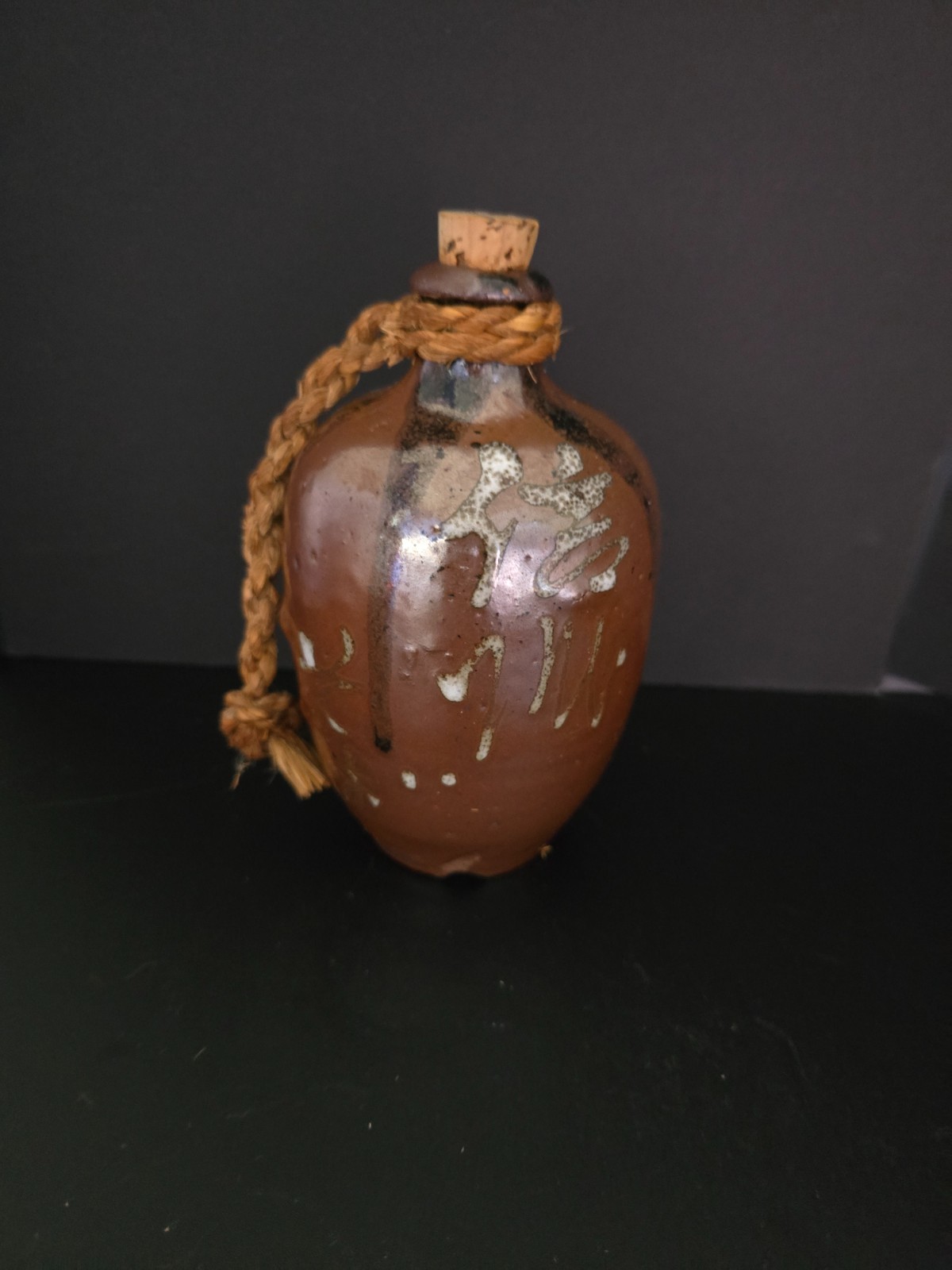 Vintage Japanese Stoneware Sake Bottle Flask Kanji Cork Rope 6”