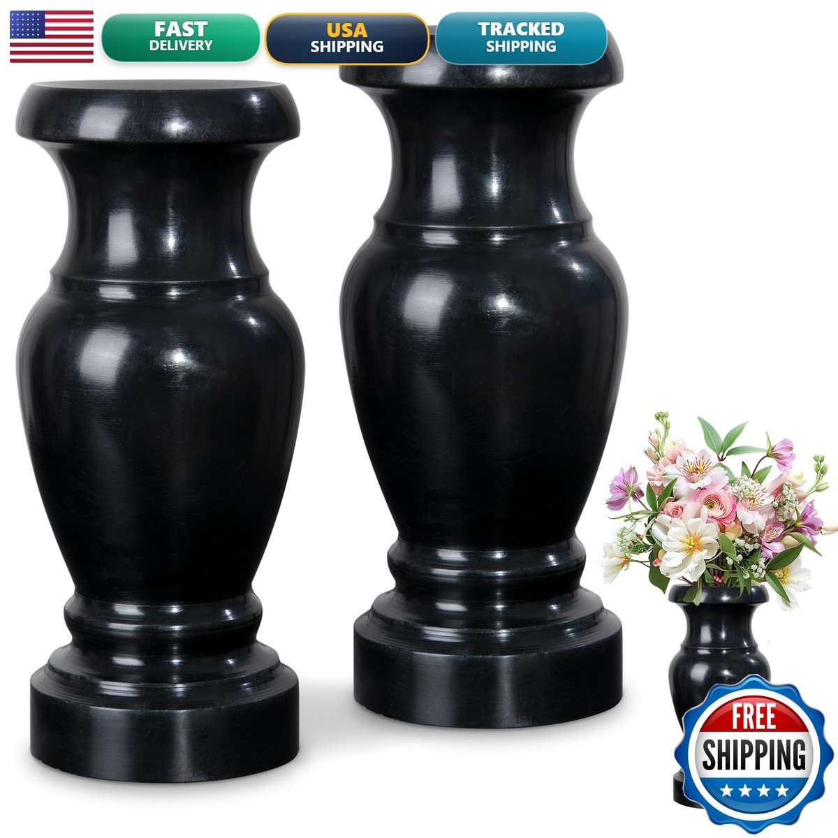 XONOR Cemetery Vase Granite Grave Vase 2Pcs Black No Draining Hole